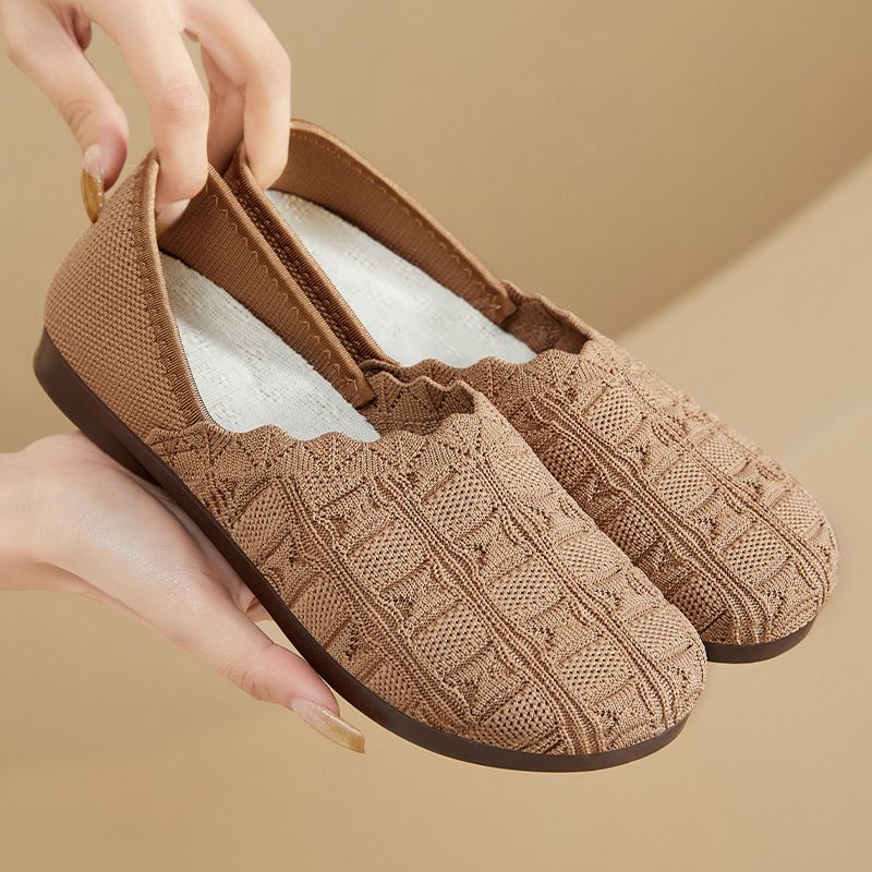 SXCHEN  Women's Breathable Knit Flats – Khaki Braided Pattern Slip-On Shoes, Cushioned Insole, Flexible Low Profile Sole, Ideal For Long Walks, Shopping & Everyday Comfort