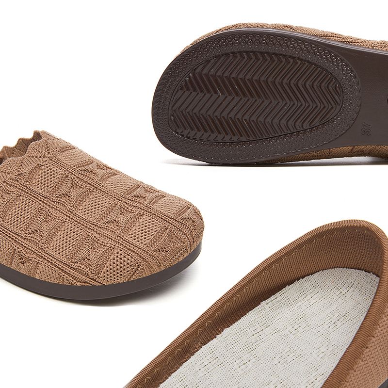 SXCHEN  Women's Breathable Knit Flats – Khaki Braided Pattern Slip-On Shoes, Cushioned Insole, Flexible Low Profile Sole, Ideal For Long Walks, Shopping & Everyday Comfort