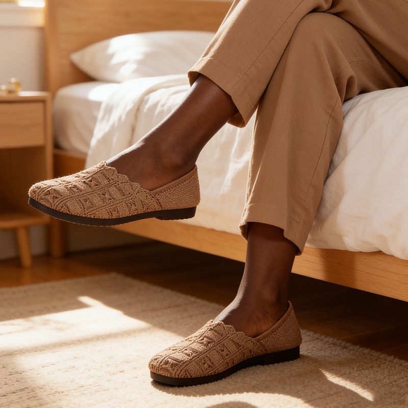 SXCHEN  Women's Breathable Knit Flats – Khaki Braided Pattern Slip-On Shoes, Cushioned Insole, Flexible Low Profile Sole, Ideal For Long Walks, Shopping & Everyday Comfort