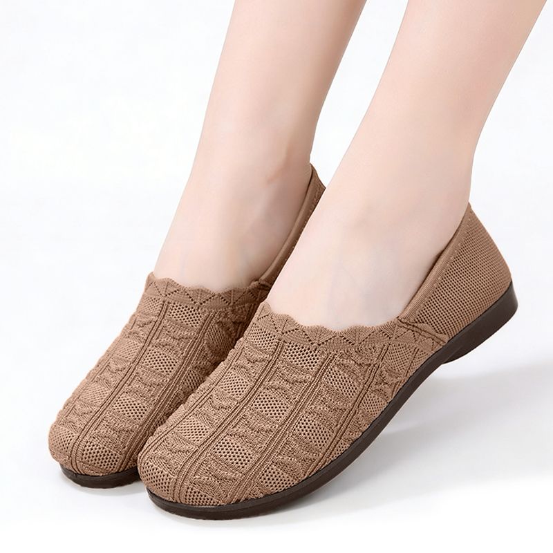 SXCHEN  Women's Breathable Knit Flats – Khaki Braided Pattern Slip-On Shoes, Cushioned Insole, Flexible Low Profile Sole, Ideal For Long Walks, Shopping & Everyday Comfort