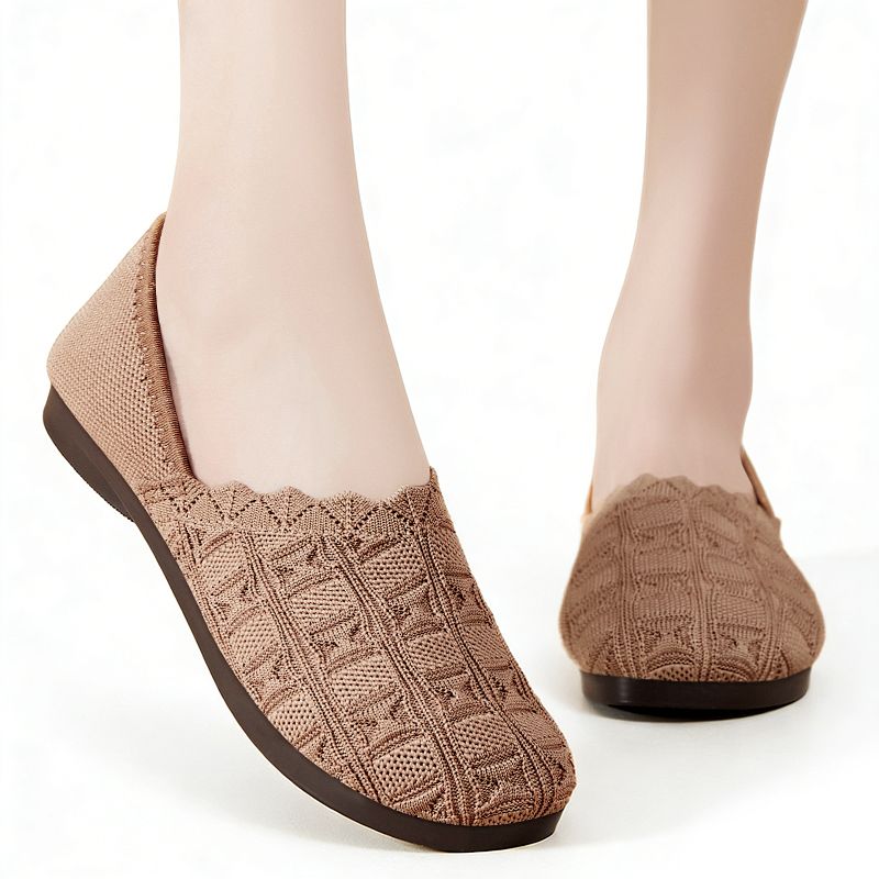 SXCHEN  Women's Breathable Knit Flats – Khaki Braided Pattern Slip-On Shoes, Cushioned Insole, Flexible Low Profile Sole, Ideal For Long Walks, Shopping & Everyday Comfort