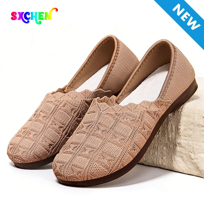 SXCHEN  Women's Breathable Knit Flats – Khaki Braided Pattern Slip-On Shoes, Cushioned Insole, Flexible Low Profile Sole, Ideal For Long Walks, Shopping & Everyday Comfort