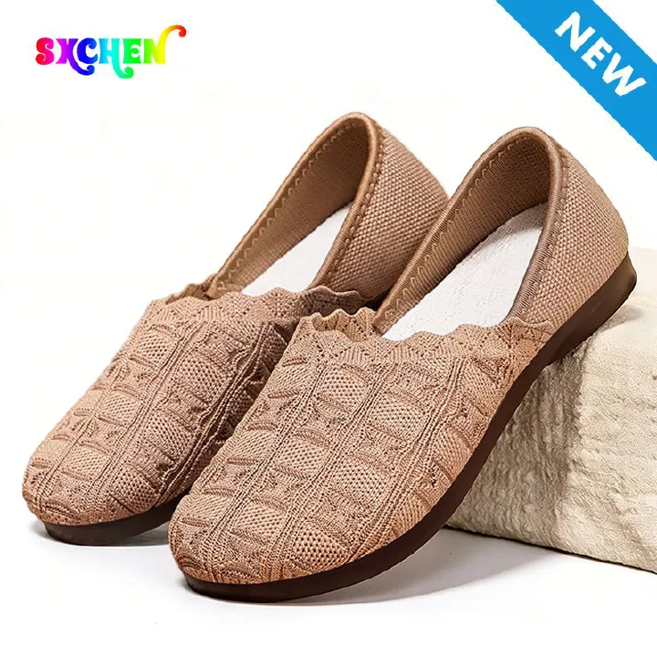 SXCHEN  Women's Breathable Knit Flats – Khaki Braided Pattern Slip-On Shoes, Cushioned Insole, Flexible Low Profile Sole, Ideal For Long Walks, Shopping & Everyday Comfort
