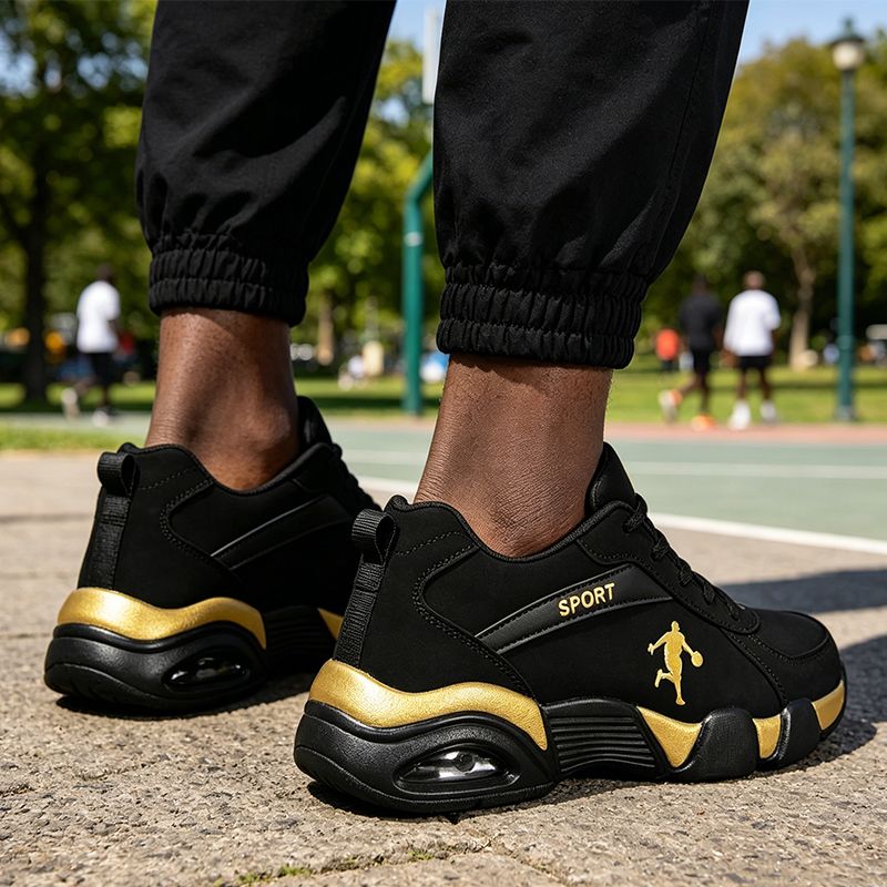 SXCHEN Men's Fashion Basketball Shoes – Black & Gold Durable Upper, Non-Slip Rubber Outsole, Padded Collar, Suitable For Streetball & Athletic Training, All Sizes Available