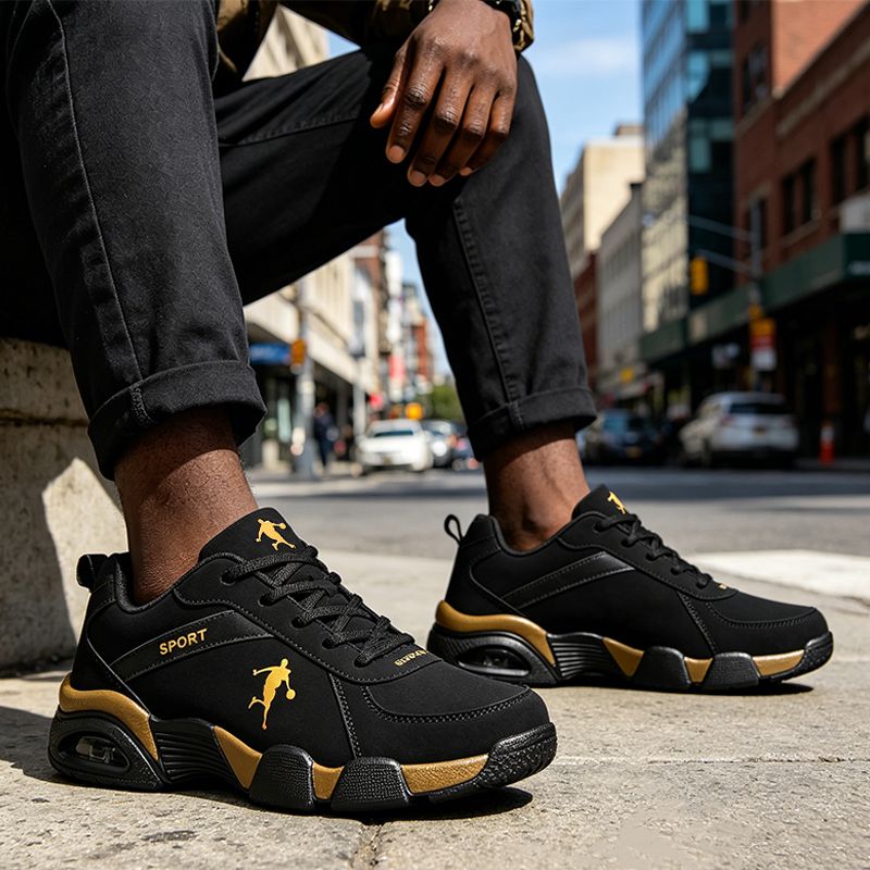 SXCHEN Men's Fashion Basketball Shoes – Black & Gold Durable Upper, Non-Slip Rubber Outsole, Padded Collar, Suitable For Streetball & Athletic Training, All Sizes Available