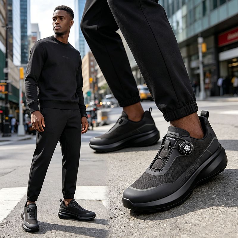 SXCHEN Men's Fashion Dial Shoes – Black With Contrast Grey Accent Panels, Cushioned Insole, Non-Slip Traction Sole, Ideal For Urban Outings, Shopping & All-Day Comfort, All Sizes Available