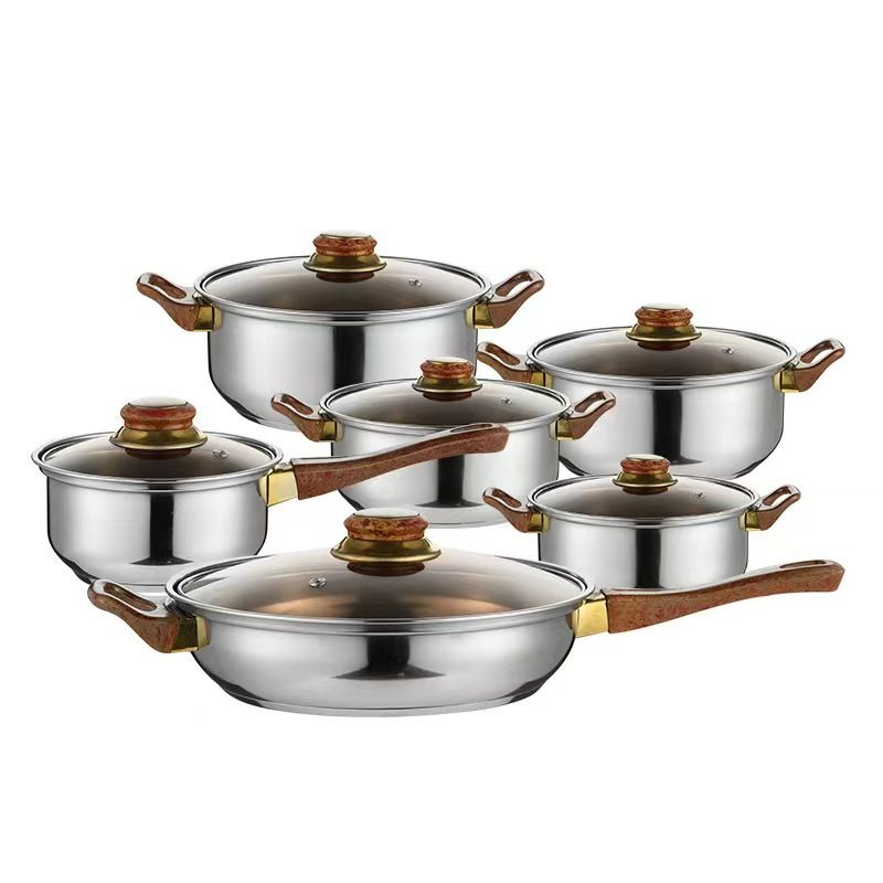 12PCS /Set  Stainless Steel  Non-Stick Cookware Set Sufuria Cooking Pots  Suitable for induction cooker 16cm Sauce pan + 16CM/18CM/20CM/24CM Casserole +24CM Fryp an with Lids