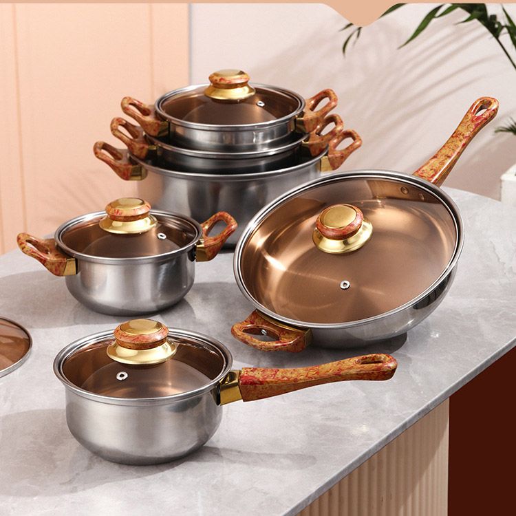 12PCS /Set  Stainless Steel  Non-Stick Cookware Set Sufuria Cooking Pots  Suitable for induction cooker 16cm Sauce pan + 16CM/18CM/20CM/24CM Casserole +24CM Fryp an with Lids