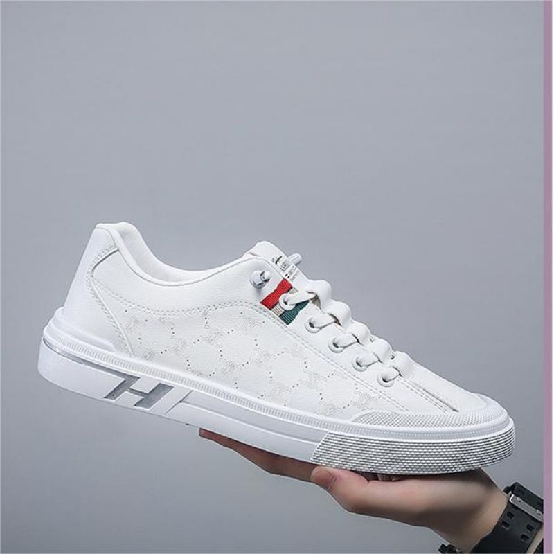 Men's Board Shoes Fashion Sports Casual Leather Texture Breathable Low Top Student Small White Shoes Skateboarding