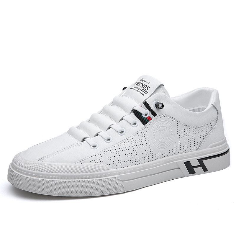 Men's Board Shoes Fashion Sports Casual Leather Texture Breathable Low Top Student Small White Shoes Skateboarding