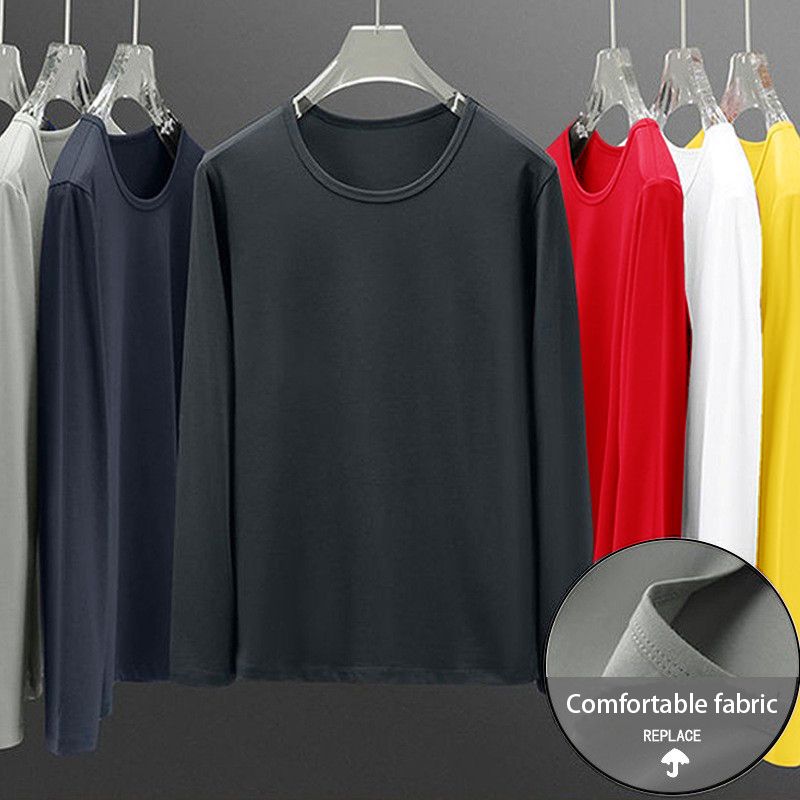 New Arrival Long sleeved t-shirt men's bottoming shirt white round neck loose spring and autumn decoration body solid color elastic slim fit shirt T-shirt