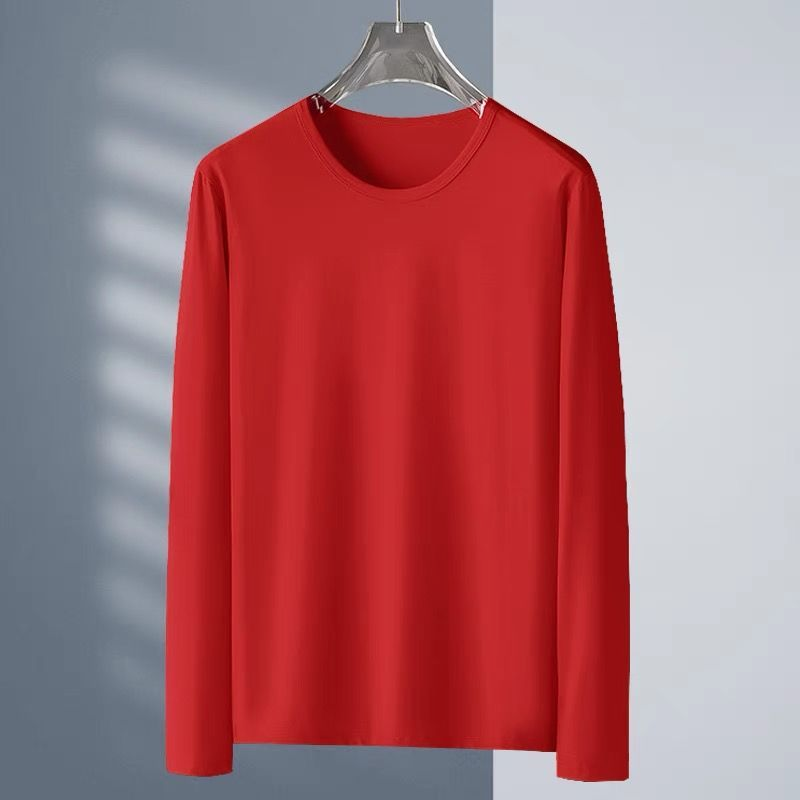 New Arrival Long sleeved t-shirt men's bottoming shirt white round neck loose spring and autumn decoration body solid color elastic slim fit shirt T-shirt