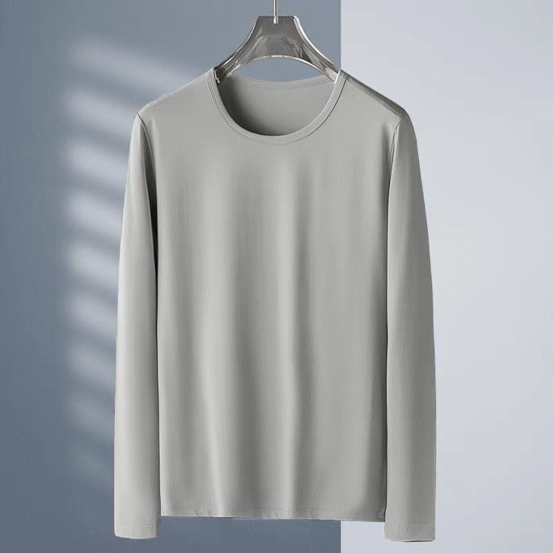 New Arrival Long sleeved t-shirt men's bottoming shirt white round neck loose spring and autumn decoration body solid color elastic slim fit shirt T-shirt