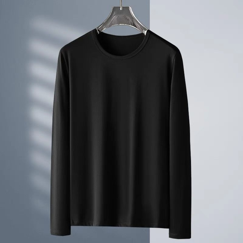 New Arrival Long sleeved t-shirt men's bottoming shirt white round neck loose spring and autumn decoration body solid color elastic slim fit shirt T-shirt