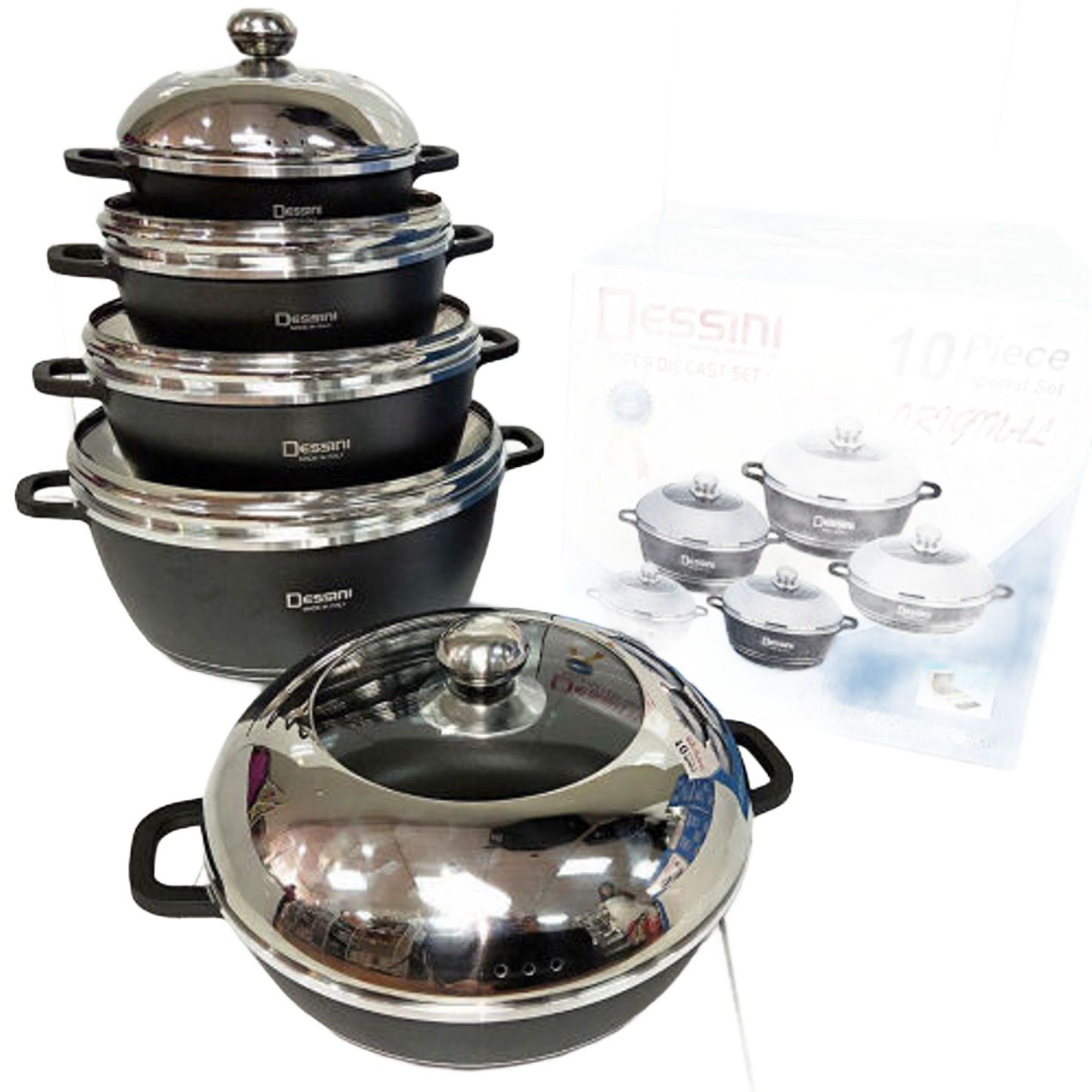 10 pc Dessini Original Die cast Non-Stick Cooking set
Simple set but excellent performance with this Cookware Set 10 pcs Dessini Imperial Non Stick Die-Cast Aluminium. You definitely need 10 pcs set