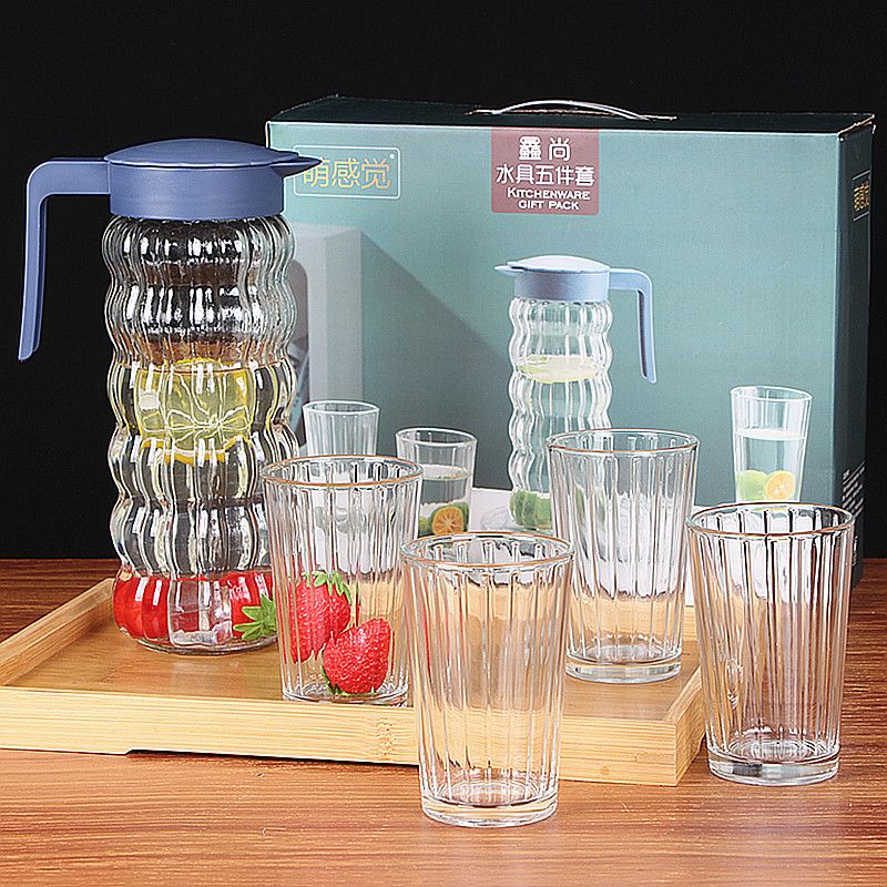 Set of 5pcs High Quality Lead-free Glass Cold Water Kettle and Cup Set  1PC 1000ML Glass Kettle 4PCS 240ML Cups Set  Mixed Drinkware Sets （XSSJ/L5   GLASS CUP AND JUG SET）