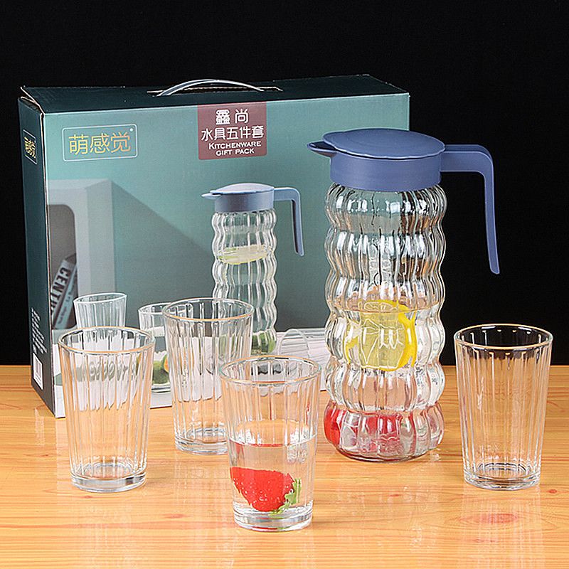Set of 5pcs High Quality Lead-free Glass Cold Water Kettle and Cup Set  1PC 1000ML Glass Kettle 4PCS 240ML Cups Set  Mixed Drinkware Sets （XSSJ/L5   GLASS CUP AND JUG SET）