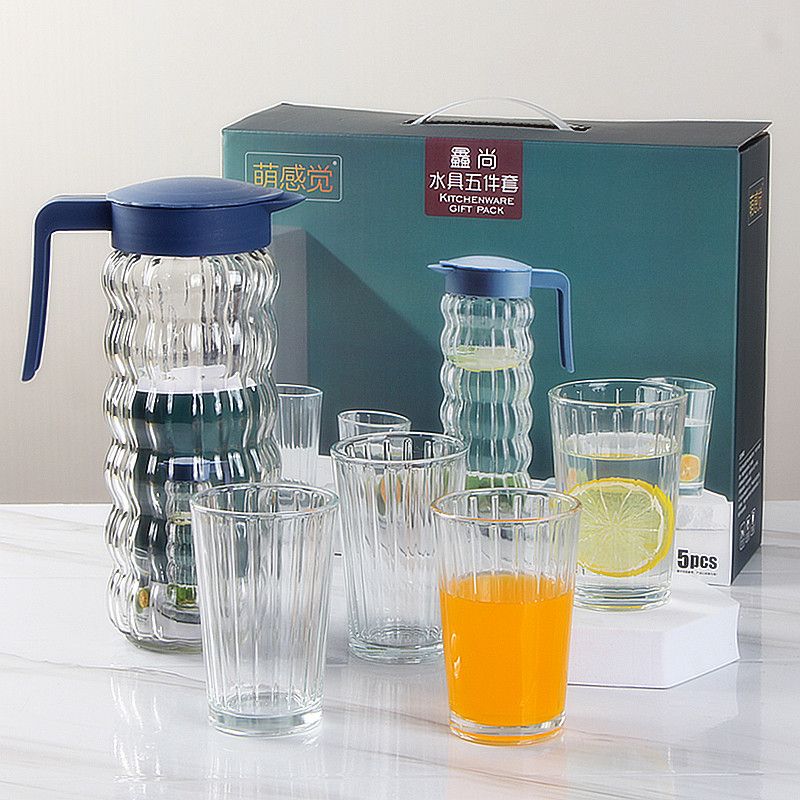 Set of 5pcs High Quality Lead-free Glass Cold Water Kettle and Cup Set  1PC 1000ML Glass Kettle 4PCS 240ML Cups Set  Mixed Drinkware Sets （XSSJ/L5   GLASS CUP AND JUG SET）