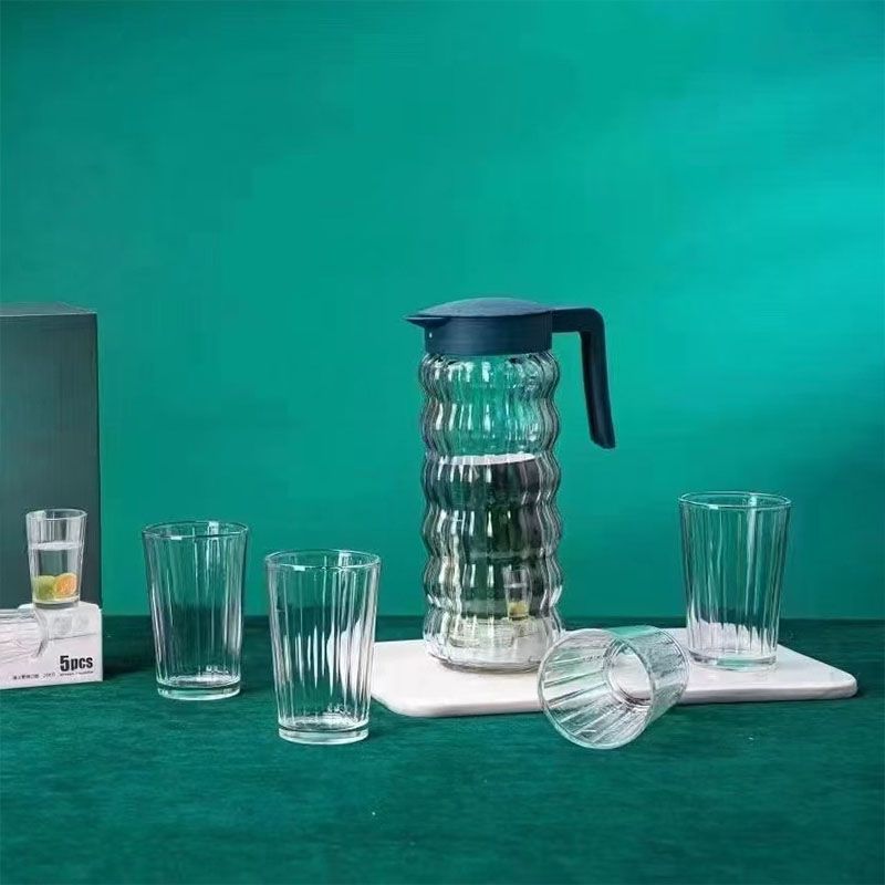 Set of 5pcs High Quality Lead-free Glass Cold Water Kettle and Cup Set  1PC 1000ML Glass Kettle 4PCS 240ML Cups Set  Mixed Drinkware Sets （XSSJ/L5   GLASS CUP AND JUG SET）