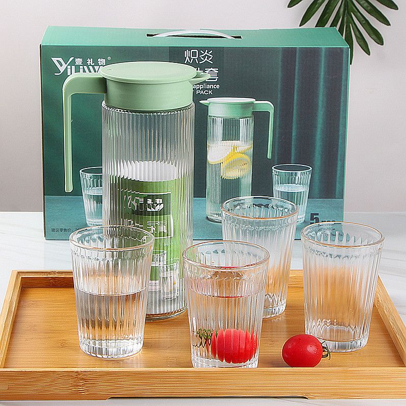 Set of 5pcs High Quality Lead-free Glass Cold Water Kettle and Cup Set  1PC 1000ML Glass Kettle 4PCS 250ML Cups Set  Mixed Drinkware Sets （A-CYSJ/L5   GLASS CUP AND JUG SET）