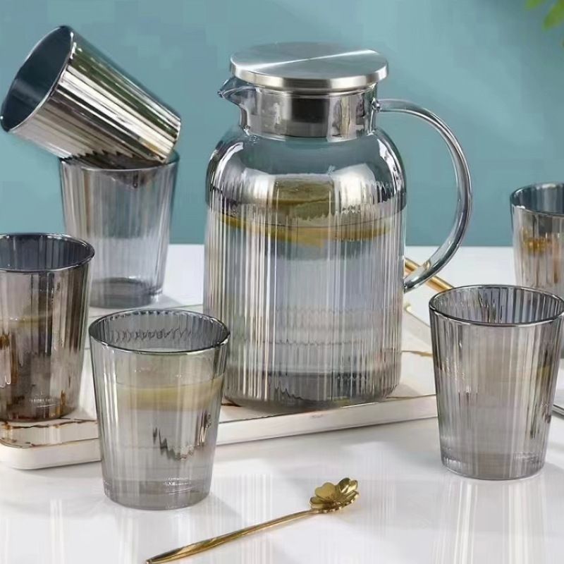 Set of 7pcs High Quality Lead-free Glass Cold Water Kettle and Cup Set  1PC 1500ML Glass Kettle 6PCS 260ML Cups Set  Mixed Drinkware Sets （GPH86/L7HS GLASS CUP AND JUG SET  C）
