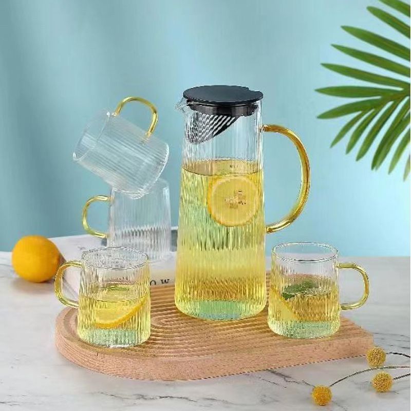 Set of 5pcs High Quality Lead-free Glass Cold Water Kettle and Cup Set  1PC 1400ML Glass Kettle 4PCS 230ML Cups Set  Mixed Drinkware Sets （GPH27B/L5Y GLASS CUP AND JUG SET  C）