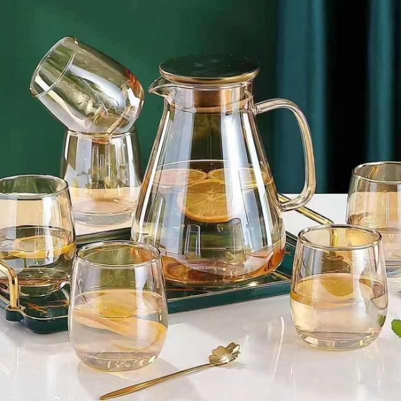 Set of 7pcs High Quality Lead-free Glass Cold Water Kettle and Cup Set  1PC 1700ML Glass Kettle 6PCS 350ML Cups Set  Mixed Drinkware Sets （GPH32-1700/L7HA GLASS CUP AND JUG SET  C）