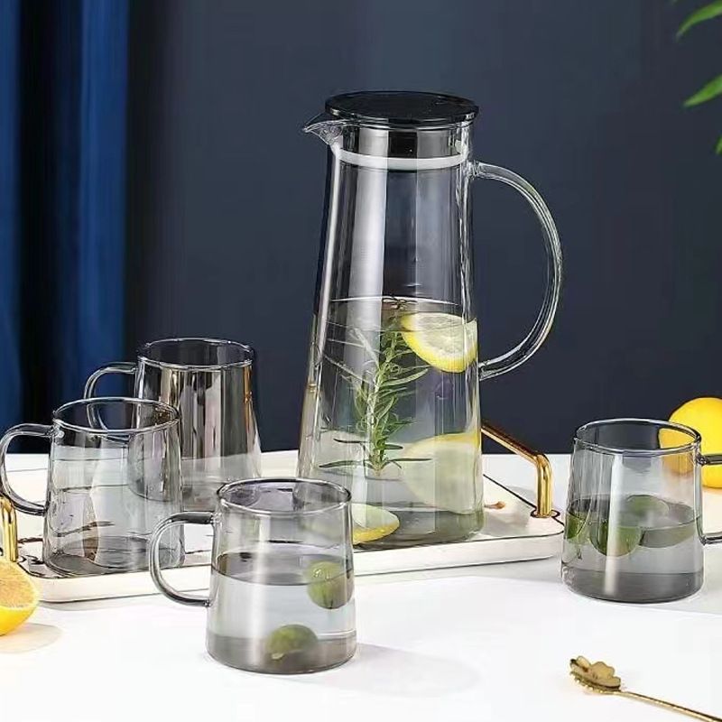 Set of 5pcs High Quality Lead-free Glass Cold Water Kettle and Cup Set  1PC 1400ML Glass Kettle 4PCS 230ML Cups Set  Mixed Drinkware Sets （GPH27+GPZB58/L5HS GLASS CUP AND JUG SET  C）