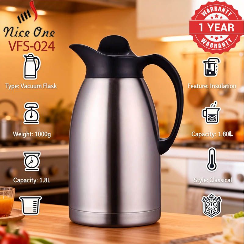 Nice One 1.8L Stainless Steel Vacuum Jug Coffee Pot thermos flask Vacuum Flask Thermos hot water bottle stanley cup (VFS-024-1.80L STAINLESS STEEL VACUUM FLASK )[Black Friday Limited Offer]