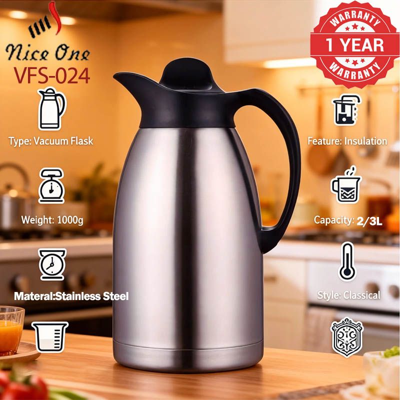 Nice One 2L / 3L Stainless Steel Vacuum Jug Coffee Pot Vacuum Flask Thermos (VFS-024 STAINLESS STEEL VACUUM FLASK )