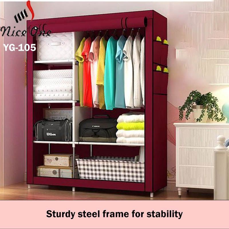 Nice One YG-105 2 Column Portable Fabric Cloth Wardrobe – 5 Shelves & Hanging Section - Wine Red