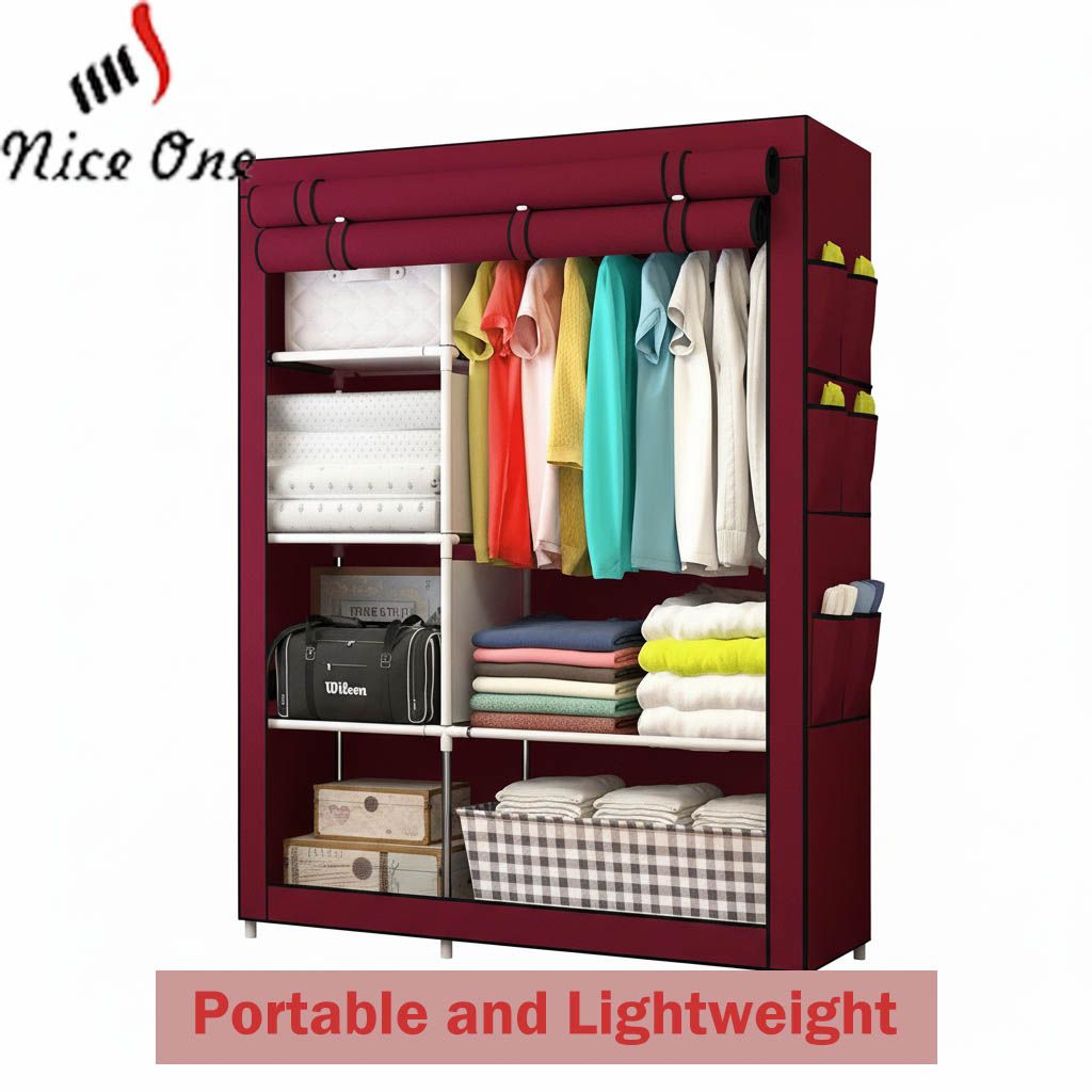 Nice One YG-105 2 Column Portable Fabric Cloth Wardrobe – 5 Shelves & Hanging Section - Wine Red