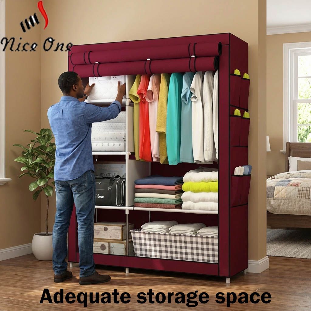 Nice One YG-105 2 Column Portable Fabric Cloth Wardrobe – 5 Shelves & Hanging Section - Wine Red