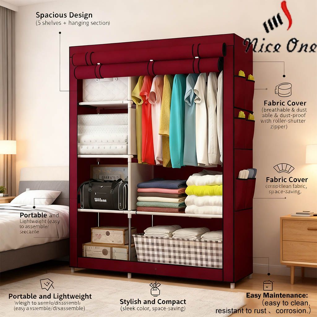 Nice One YG-105 2 Column Portable Fabric Cloth Wardrobe – 5 Shelves & Hanging Section - Wine Red