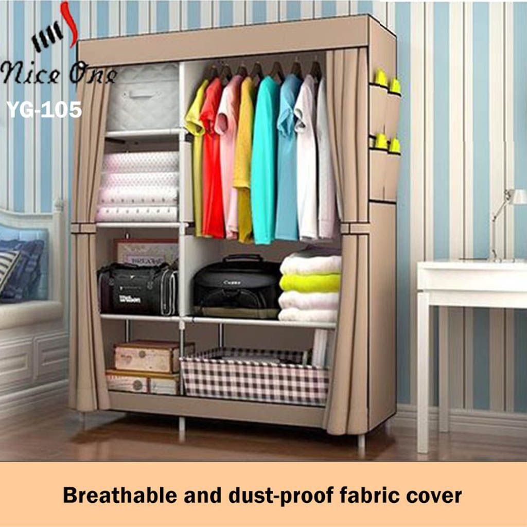 Nice One YG-105 2 Column Portable Fabric Cloth Wardrobe – 5 Shelves & Hanging Section - Coffee Brown