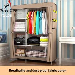 Nice One YG-105 2 Column Portable Fabric Cloth Wardrobe – 5 Shelves & Hanging Section - Coffee Brown