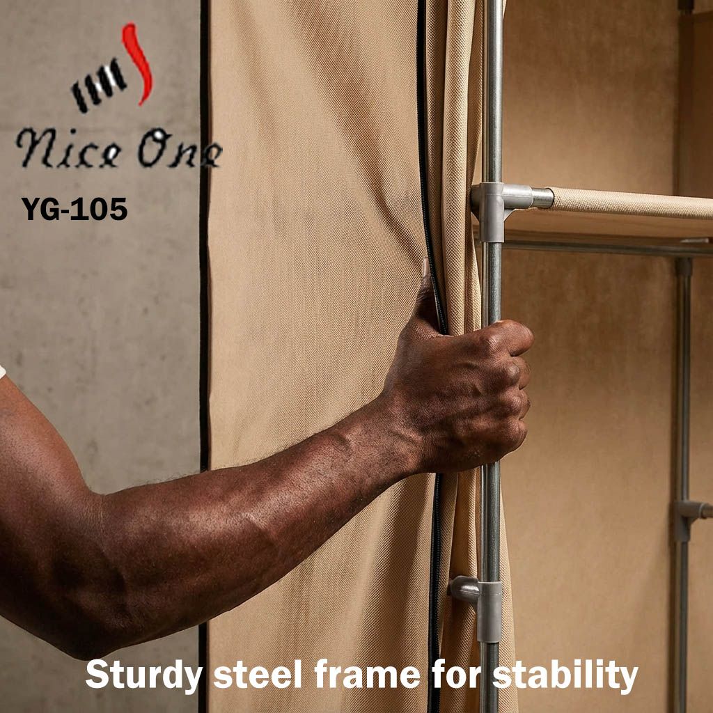 Nice One YG-105 2 Column Portable Fabric Cloth Wardrobe – 5 Shelves & Hanging Section - Coffee Brown