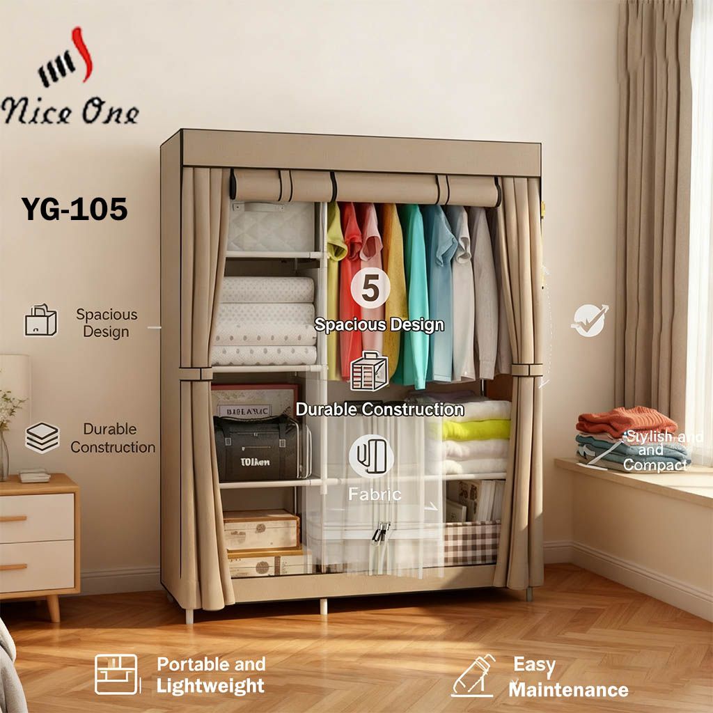 Nice One YG-105 2 Column Portable Fabric Cloth Wardrobe – 5 Shelves & Hanging Section - Coffee Brown