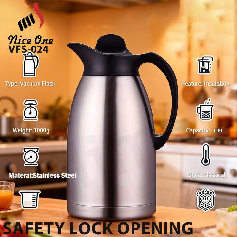 Nice One 1.8L Stainless Steel Vacuum Jug Coffee Pot thermos flask Vacuum Flask Thermos hot water bottle  (VFS-024-1.80L STAINLESS STEEL VACUUM FLASK ) .