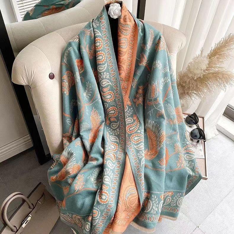 Luxury Floral Print Scarf for Women Warmer Winter Cashmere Pashmina Scarves Shawls Female Thick Blanket Wraps Foulard.