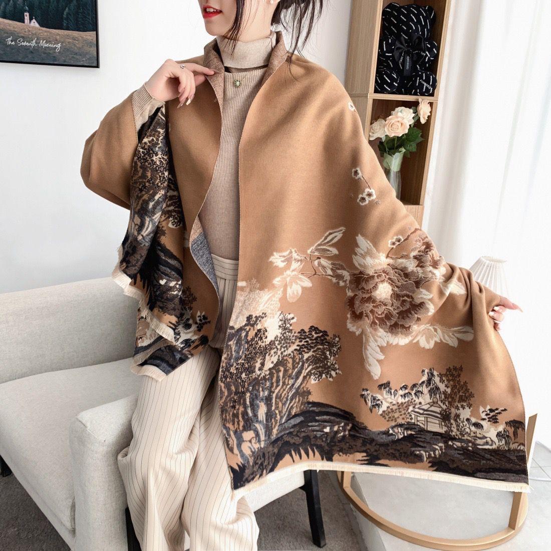 Luxury Floral Print Scarf for Women Warmer Winter Cashmere Pashmina Scarves Shawls Female Thick Blanket Wraps Foulard.