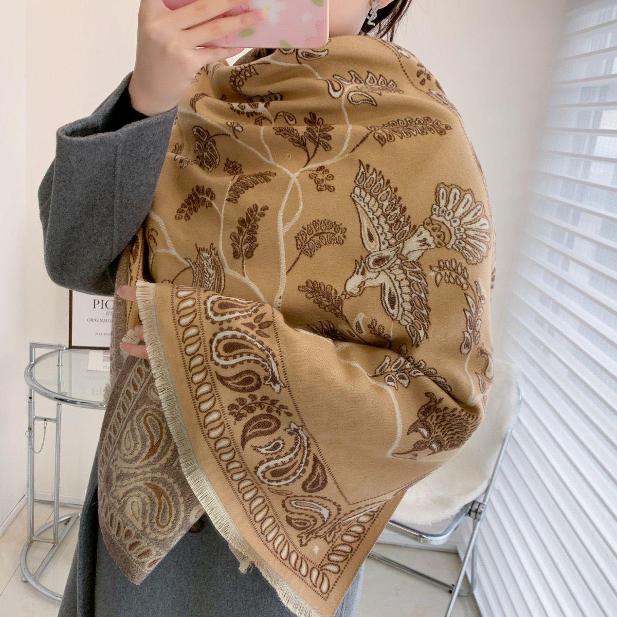 Luxury Floral Print Scarf for Women Warmer Winter Cashmere Pashmina Scarves Shawls Female Thick Blanket Wraps Foulard.