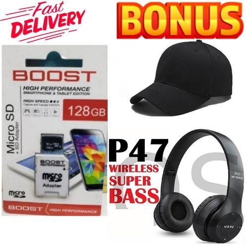 High Quality Memory Card 128GB // 128 GB Plus Strong Bass Bluetooth Wireless Headphones & Cap