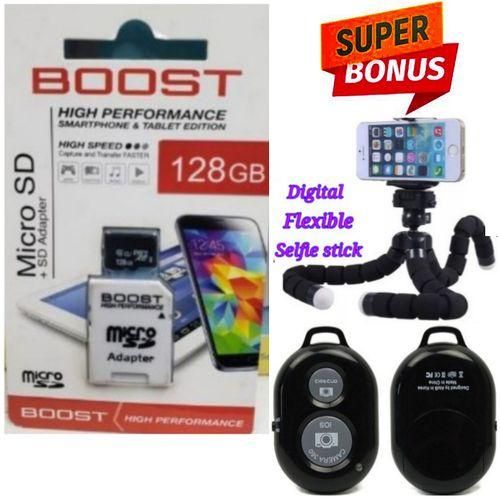 High Capacity 128 GB High Performance Memory Card 128GB // 128 GB Plus Phone Camera Bluetooth Remote Controller & Tripod Selfie Stand