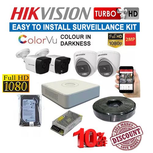 Hikvision 4 HD 1080P 2MP Full HD 24/7 Full Time Colored Night Vision Activated CCTV Cameras Complete Security Surveillance System Ki