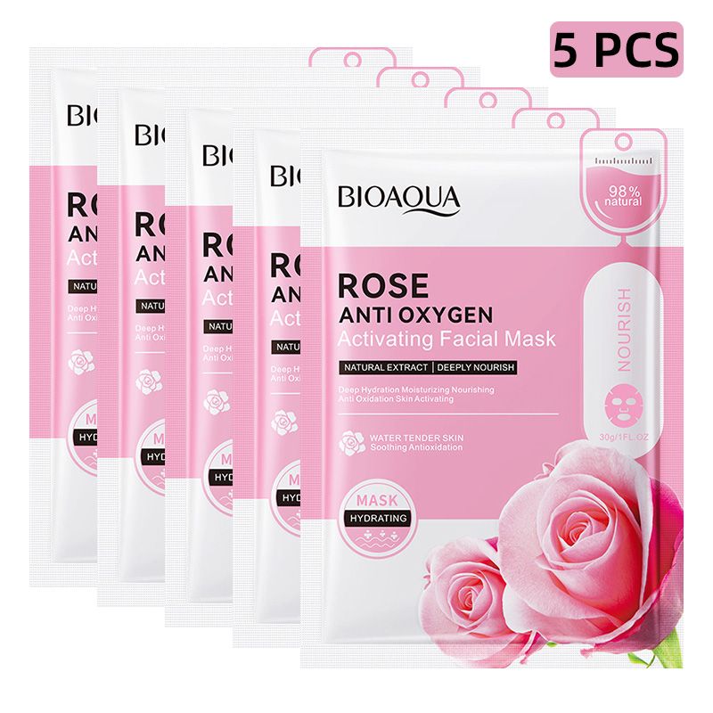5 PCS Facial Masks Honey Rose Hyaluronic Acid Face Masks Sheet Pores Moisturizing Oil-Control Anti-Aging Replenishment Face Care Skin Care for Beauty