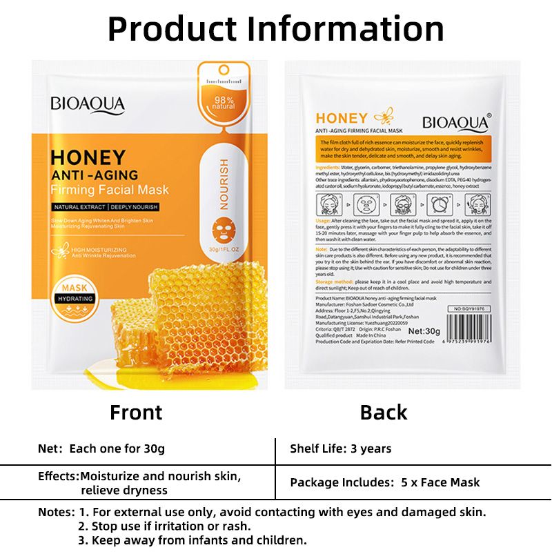 5 PCS Facial Masks Honey Rose Hyaluronic Acid Face Masks Sheet Pores Moisturizing Oil-Control Anti-Aging Replenishment Face Care Skin Care for Beauty