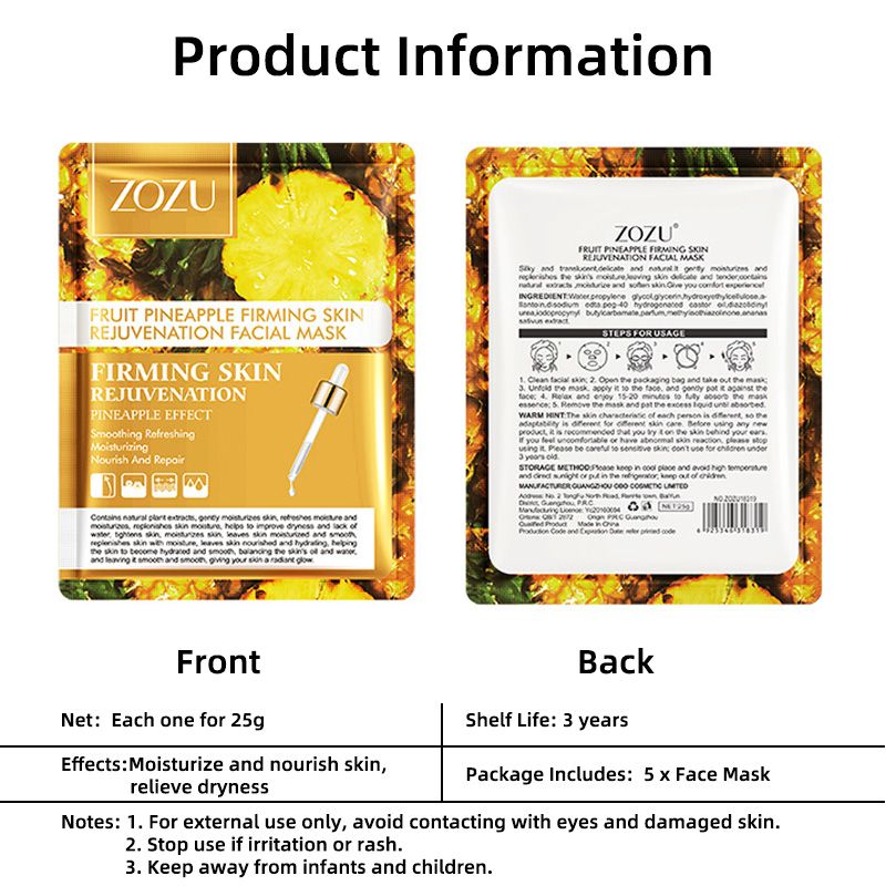 5 PCS Facial Masks Pineapple Pitaya Fruit Face Masks Sheet Pores Moisturizing Oil-Control Anti-Aging Replenishment Face Care Skin Care for Beauty