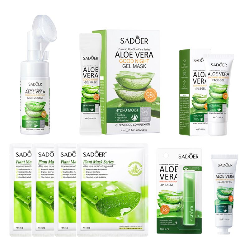 Aloe Vera Skin Care Sets Hydrating Anti-Aging Moisturizing Kits includes Face Mousse Cream Gel Lipstick Lip Balm 4psc Face Masks 20pcs Gel Mask Skin Care Kits Gift