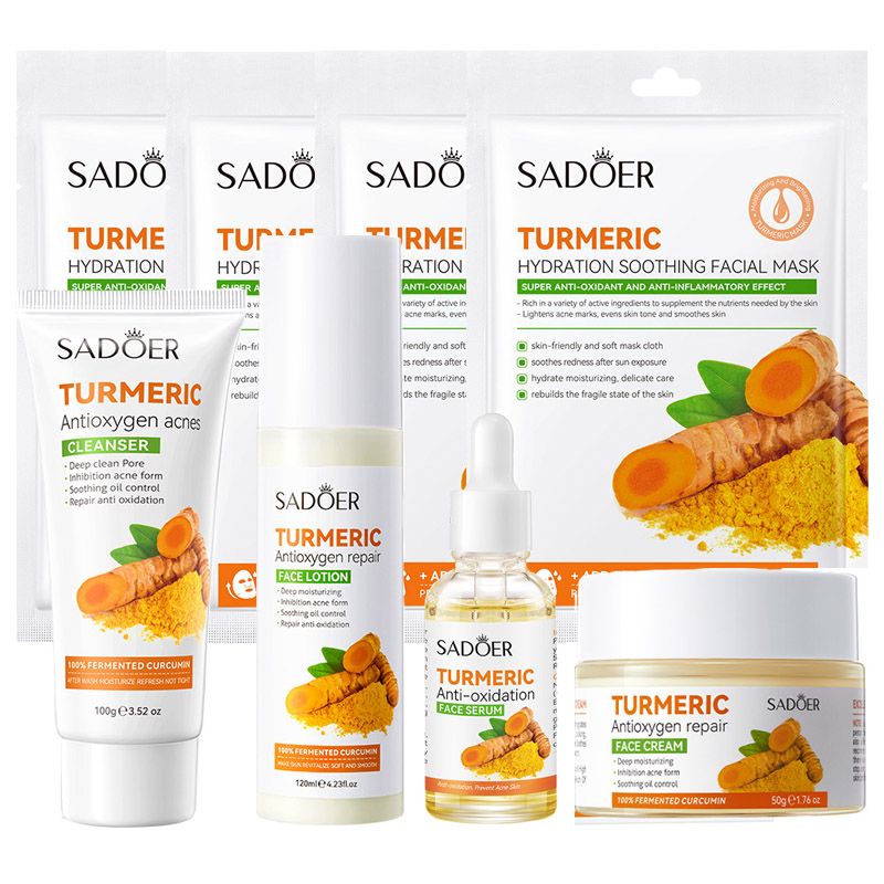 8 PCS Skin Care Set Turmeric Antioxygen Face Cream Mask Cleanser Lotion Essence Cream Face Care Moisturizing Anti-Aging Firming Face Care